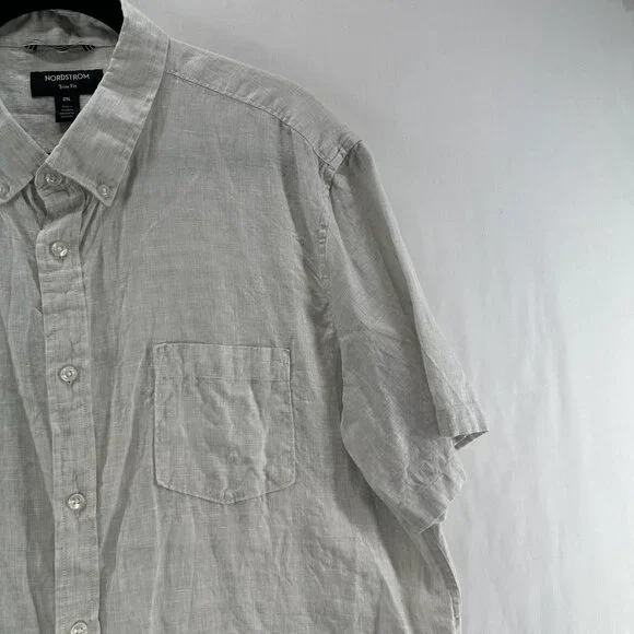 Nordstrom Trim Fit Linen Shirt Men 2XL Short Sleeve Button-Down Pocket Off-White - Picture 6 of 11
